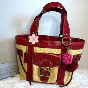 Vintage COACH y2k Red Natural Legacy Straw Tote Bag